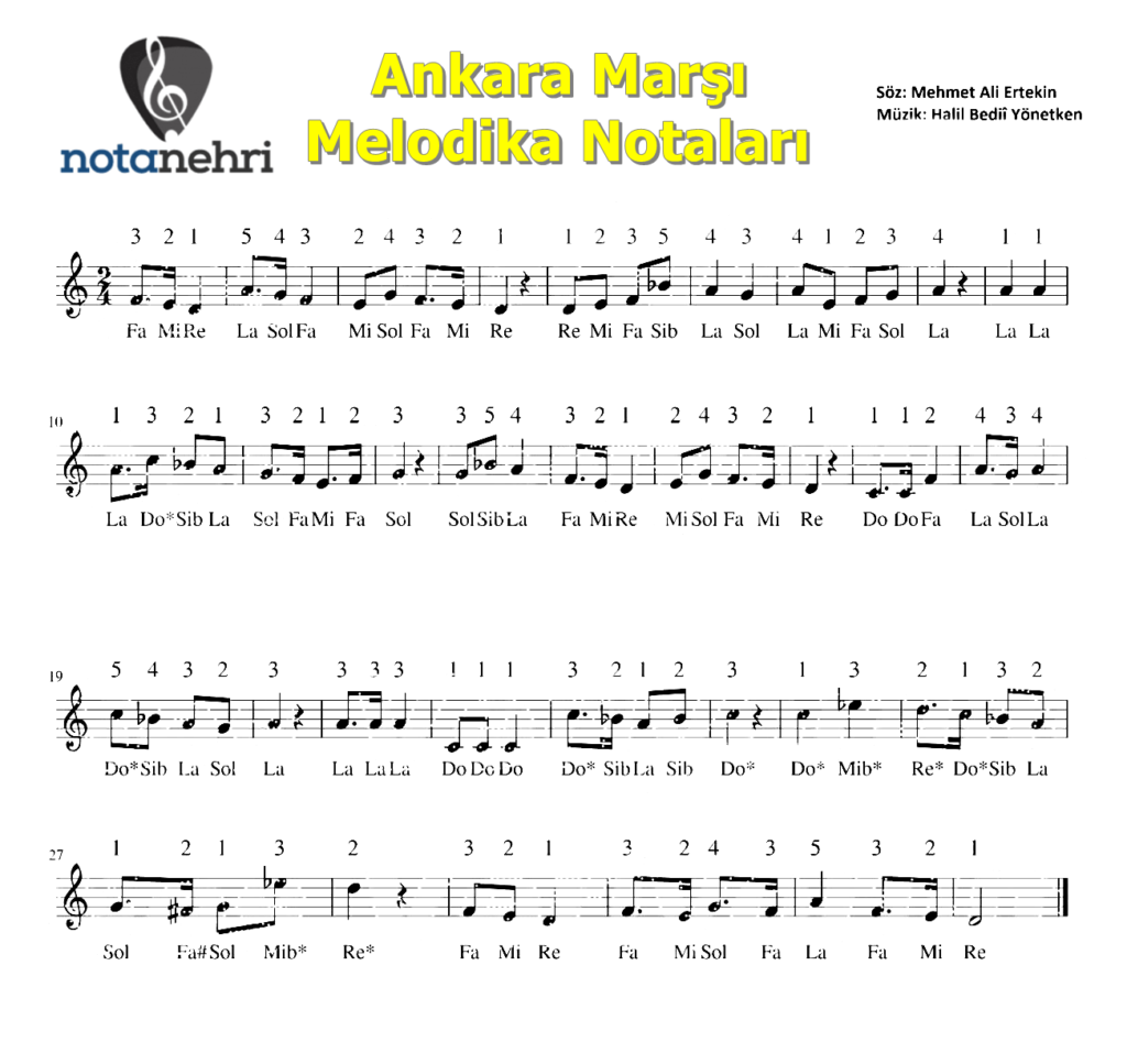 Ankara Marşı Melodika Notaları