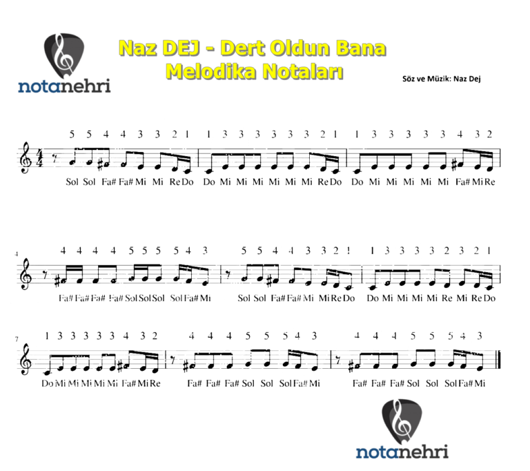 Naz DEJ – Dert Oldun Bana Melodika Notaları