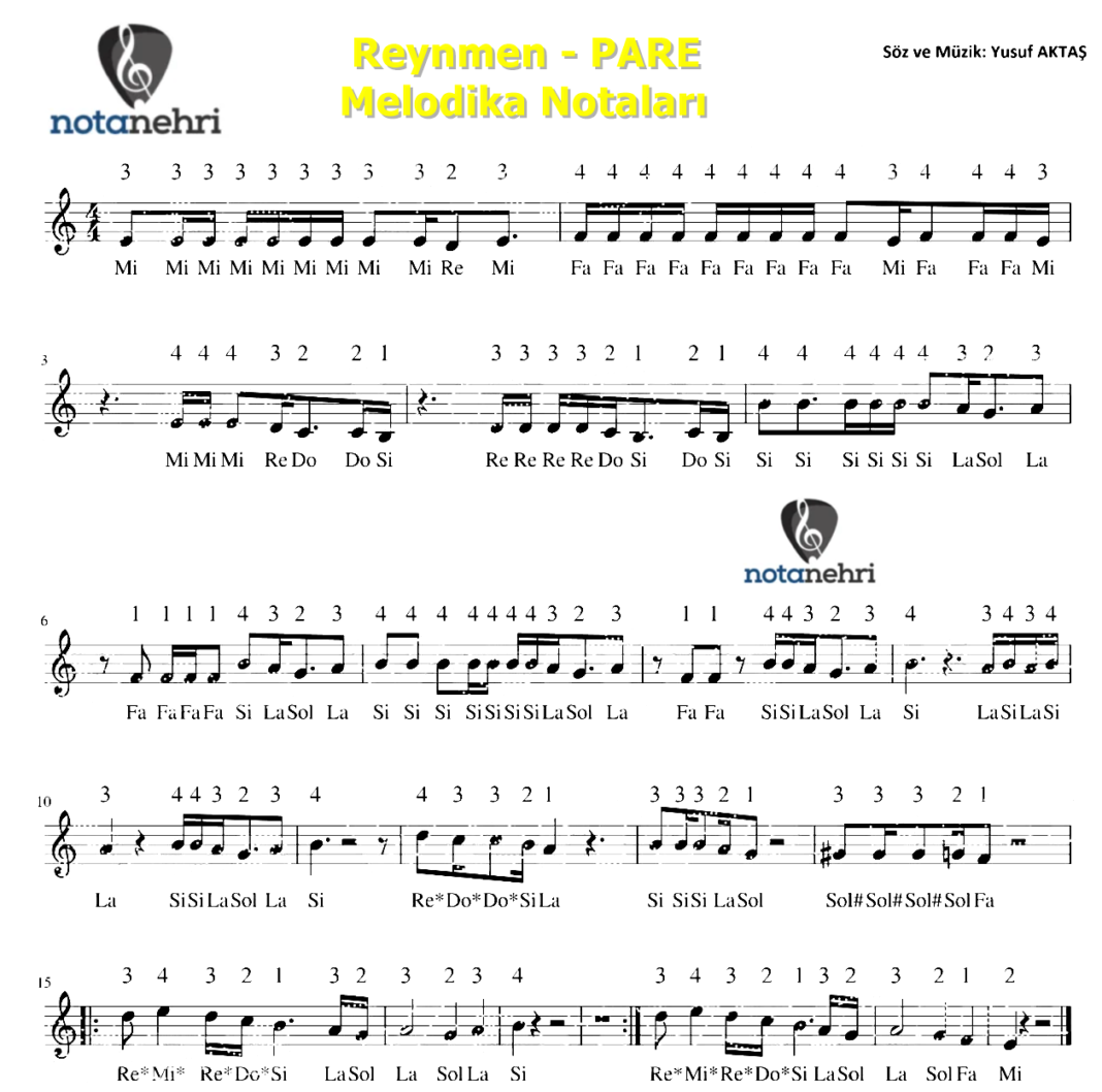 Reynmen – PARE Melodika Notaları - Nota Nehri