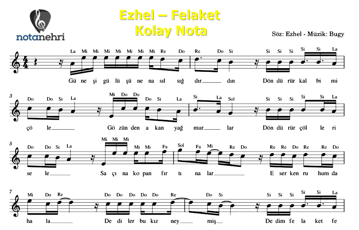 Ezhel-–-Felaket-Kolay-notasi-1 | Bağlama Notaları, Do Re Mi Notalar ...