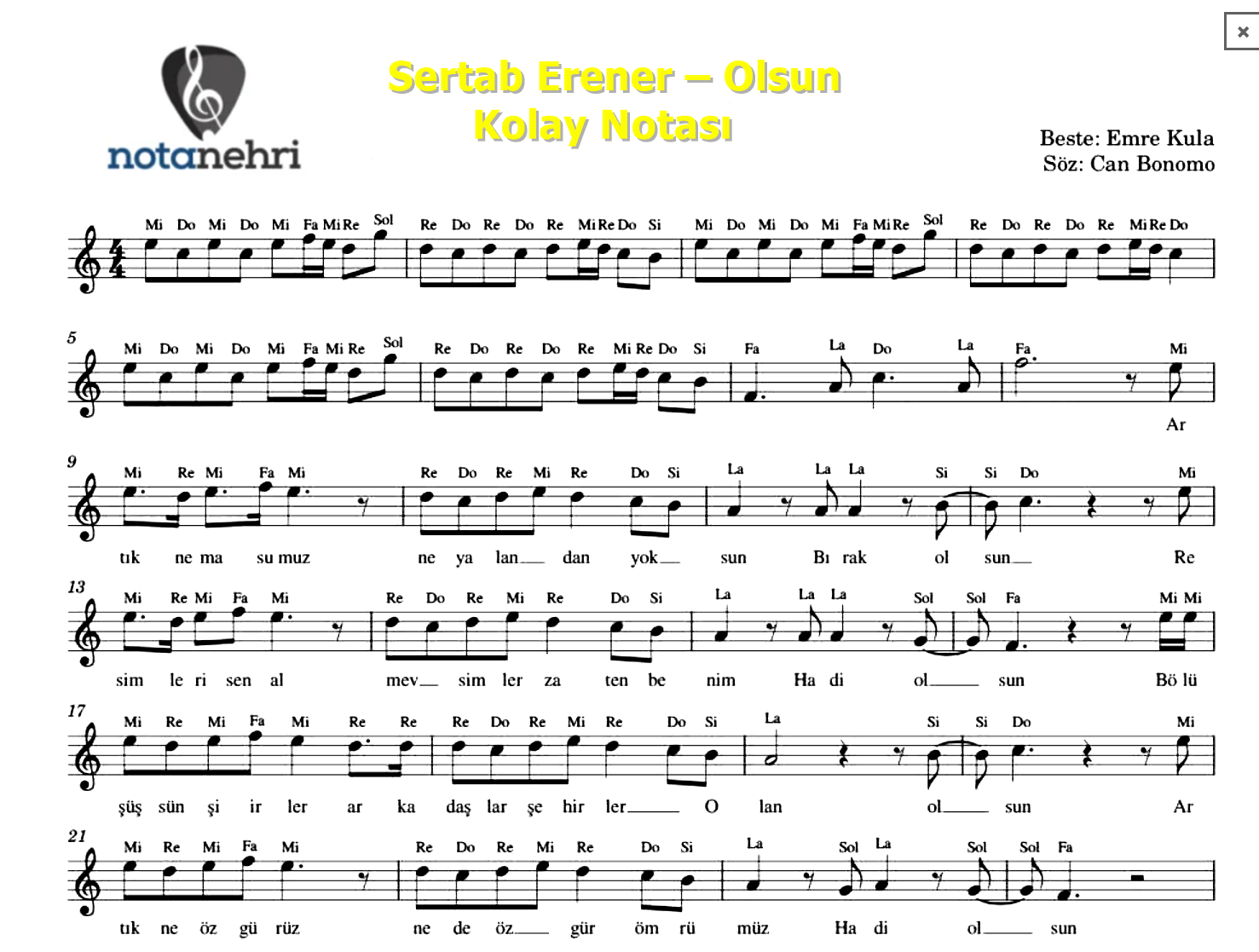 Sertab-Erener-–-Olsun-kolay-notasi-1 | Bağlama Notaları, Do Re Mi ...