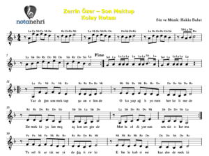 Zerrin Özer – Son Mektup Keman, Bağlama, Melodika, Flüt, Org Notaları