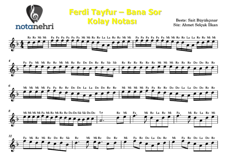Ferdi Tayfur – Bana Sor Keman, Bağlama, Ud, Flüt, Melodika Notaları