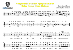Gözyaşımda Saklısın Ağlayamam Ben Keman, Ud, Melodika, Flüt, Org Notaları