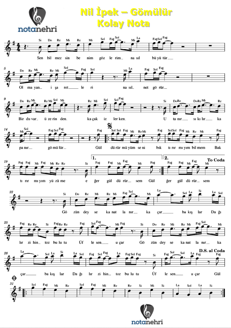 Nil İpek – Gömülür Keman Piyano, Melodika, Flüt Notaları