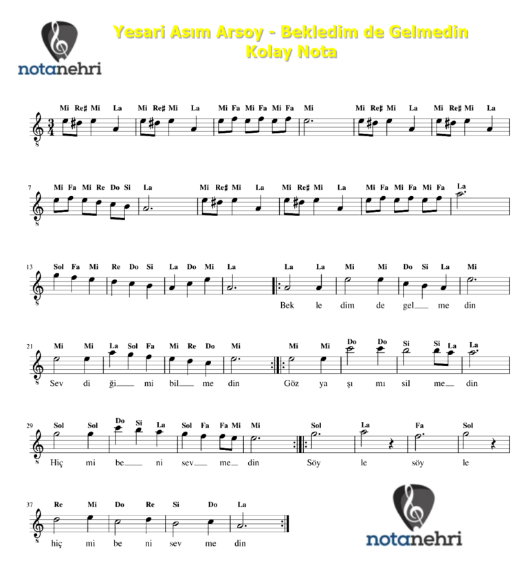 Yesari Asım Arsoy – Bekledim de Gelmedin Melodika, Keman, Flüt, Org Notaları