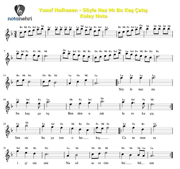 Yusuf Nalkesen – Söyle Naz Mı Bu Kaş Çatış Keman Melodika Flüt Org Notaları