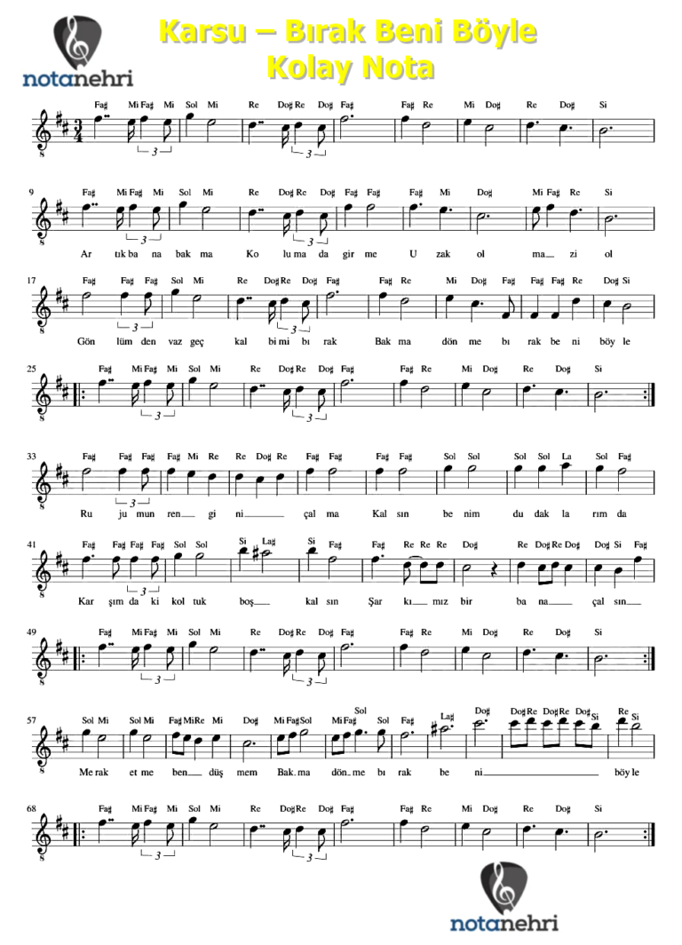 Karsu – Bırak Beni Böyle Keman, Melodika, Flüt, Piyano Notaları