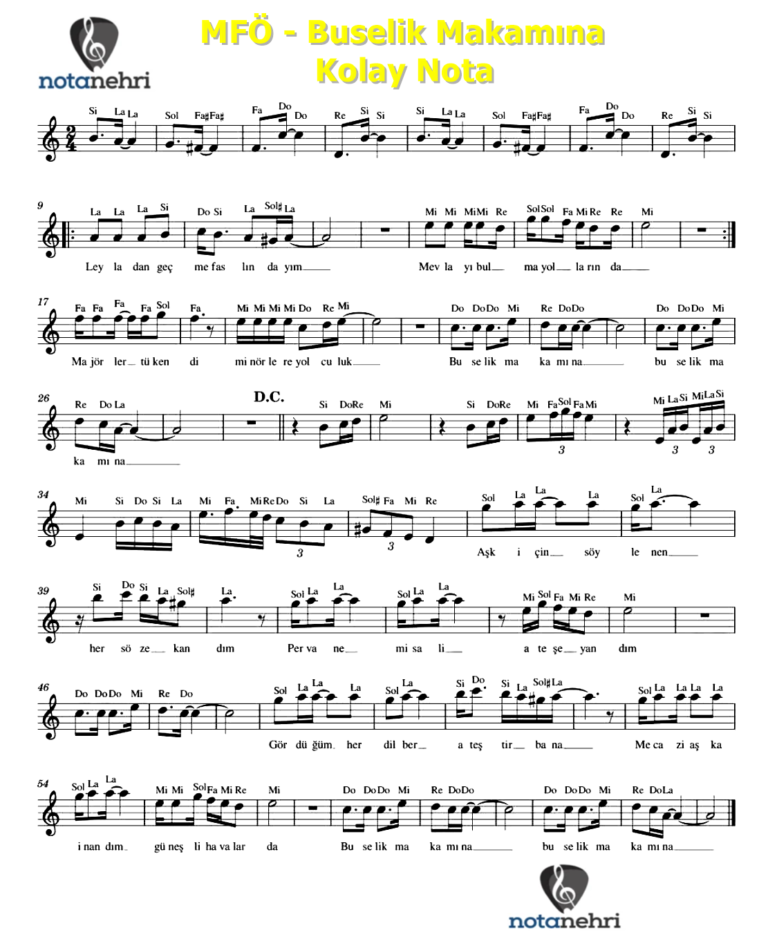 MFÖ – Buselik Makamına Melodika, Keman, Org, Flüt Notaları