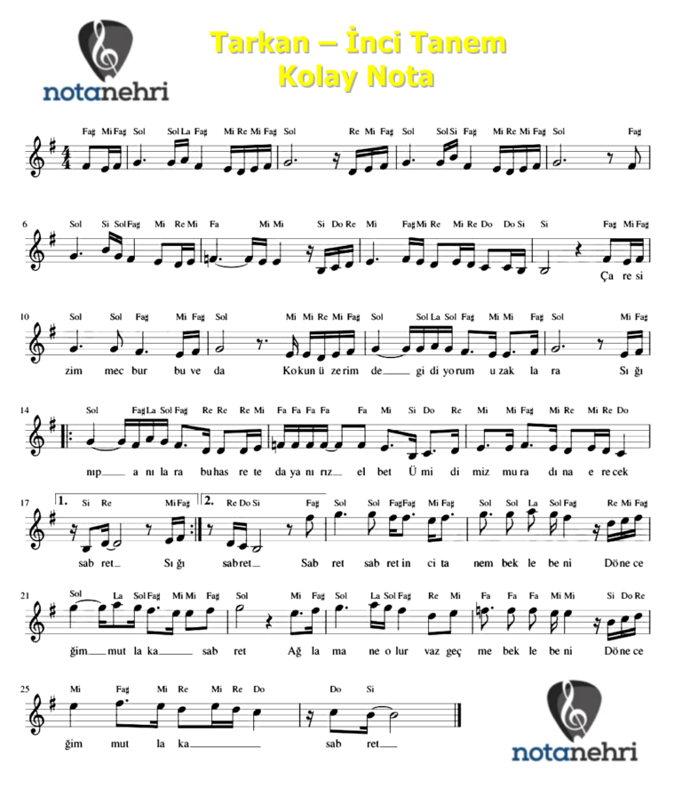 Tarkan – İnci Tanem Keman, Flüt, Org, Melodika Notaları
