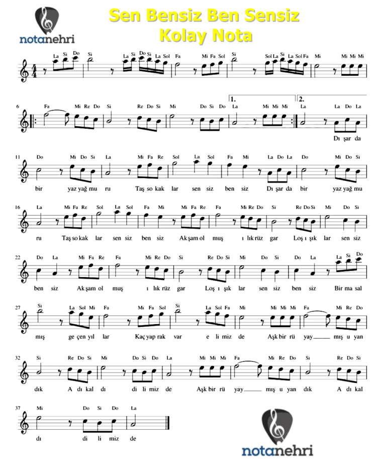 Sen Bensiz Ben Sensiz Keman, Melodika, Flüt, Org Notaları