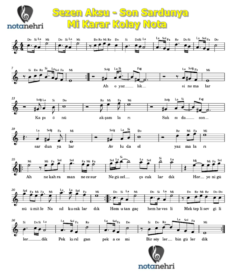 Sezen Aksu – Son Sardunyalar Keman, Melodika, Flüt, Org Notaları