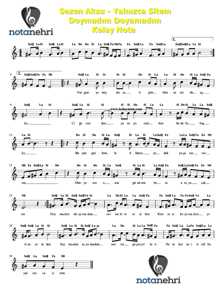 Sezen Aksu – Yalnızca Sitem – Doymadım Doyamadım Melodika, Keman, Flüt, Org,Gitar Notaları