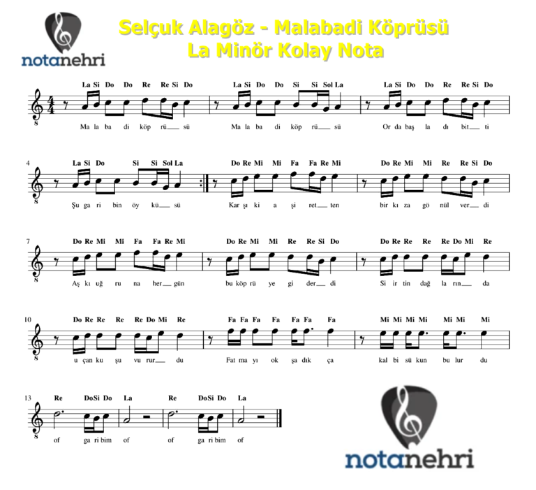 Selçuk Alagöz – Malabadi Köprüsü  Keman, Flüt, Org, Gitar, Melodika Notaları