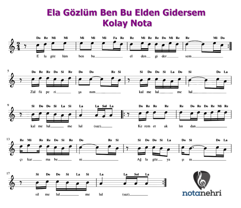 Ela Gözlüm Ben Bu Elden Gidersem Piyano, Melodika, Keman, Org, Flüt Notaları