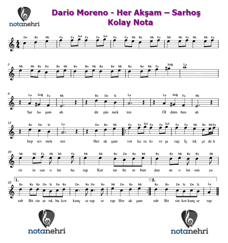 Dario Moreno – Her Akşam – Sarhoş Keman, Melodika, Flüt, Org Notaları