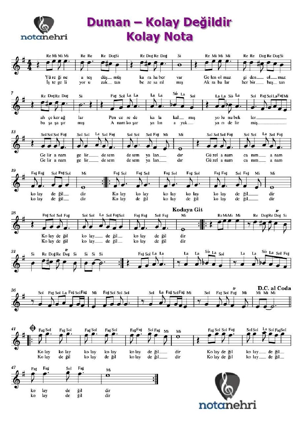 Duman-–-Kolay-Degildir-kolay-nota | Bağlama Notaları, Do re mi notalar ...