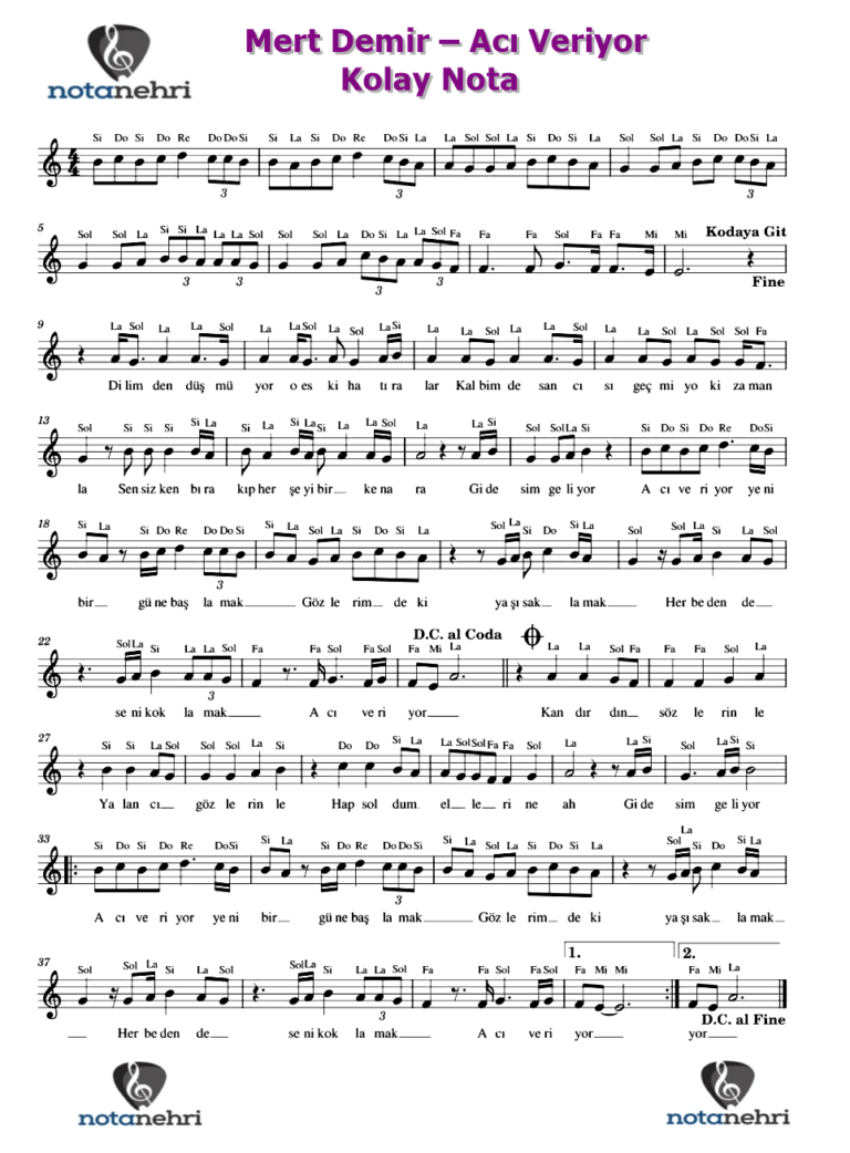 Mert Demir – Acı Veriyor Keman, Piyano, Melodika, Flüt, Org Notaları