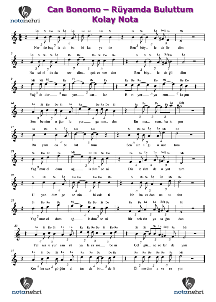 Can Bonomo – Rüyamda Buluttum Nota