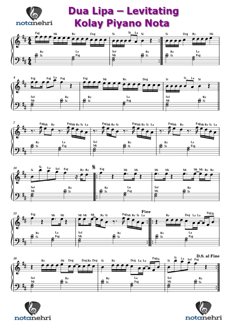 Dua Lipa – Levitating Piyano, Keman, Melodika, Org, Flüt Notaları