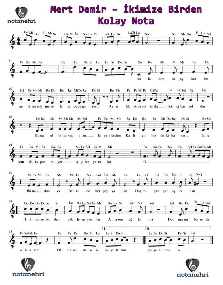 Mert Demir – İkimize Birden Keman, Bağlama, Melodika, Flüt, Org, Piyano Notaları