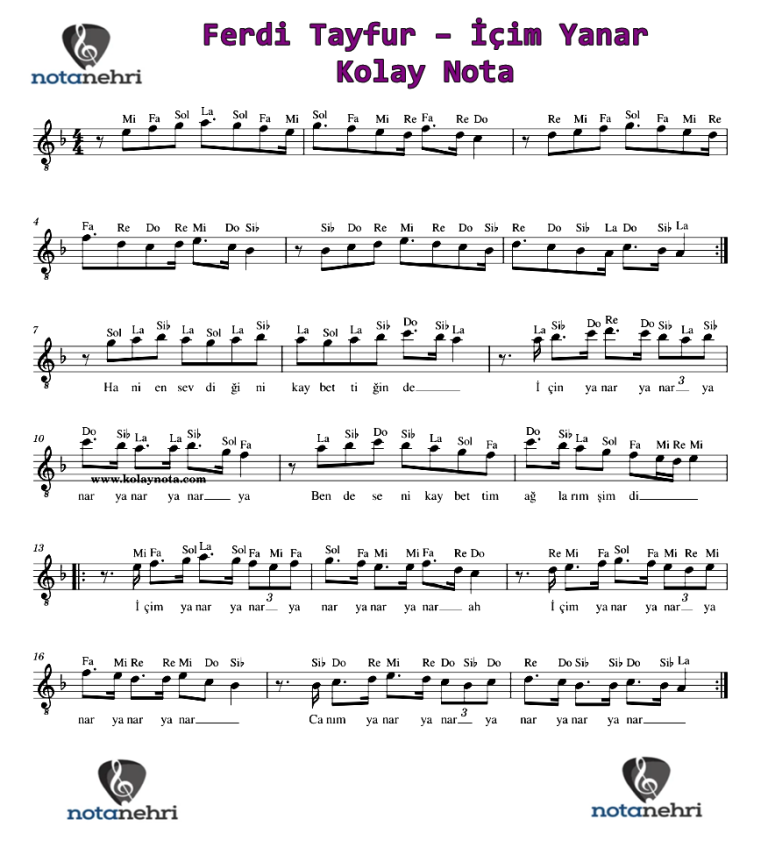Ferdi Tayfur – İçim Yanar Keman, Melodika, Flüt, Org, Ud, Bağlama Notaları